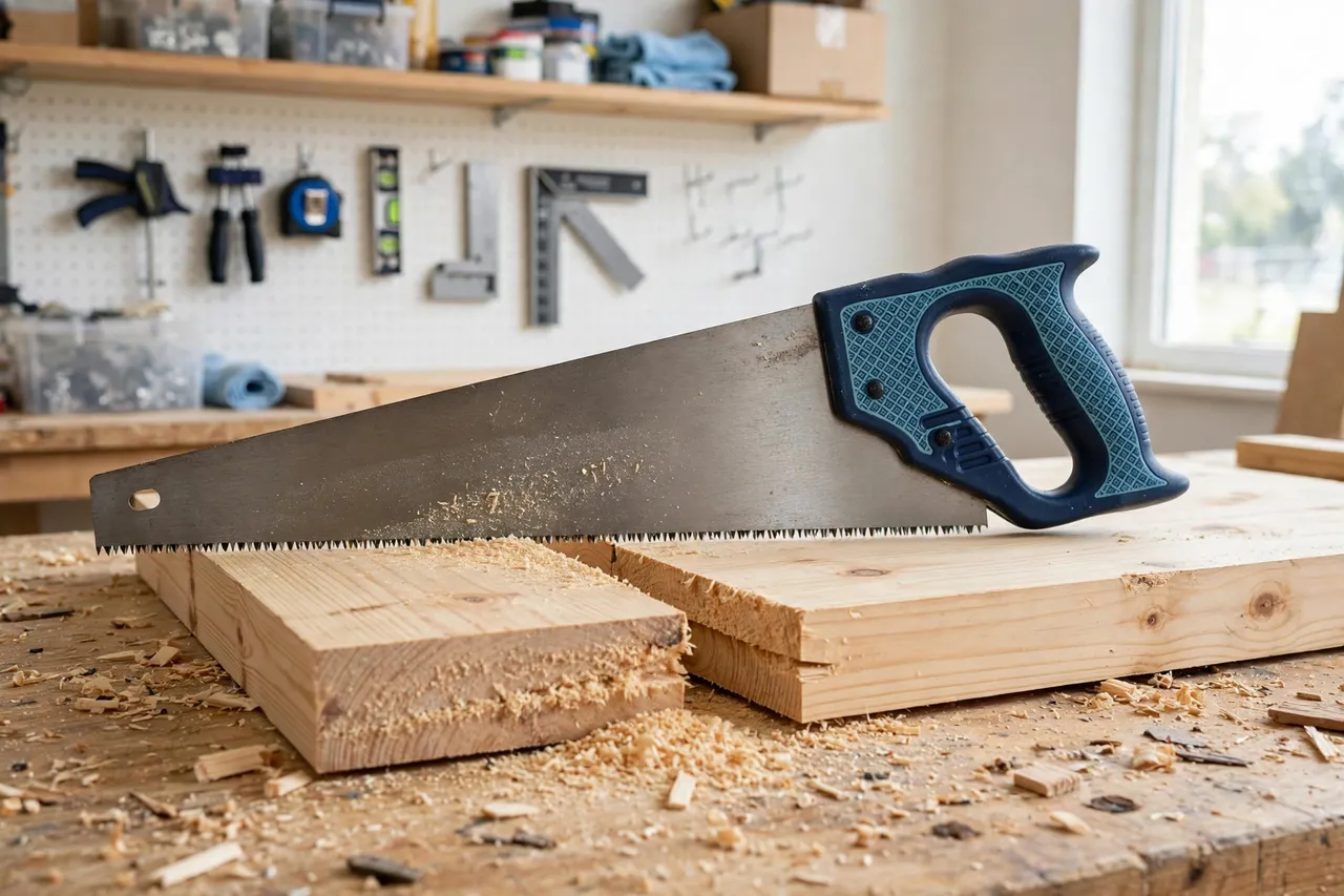 A hand saw with a printed handle resting on a pine board with a freshly sawn cut on a workbench, bright clean workshop interior