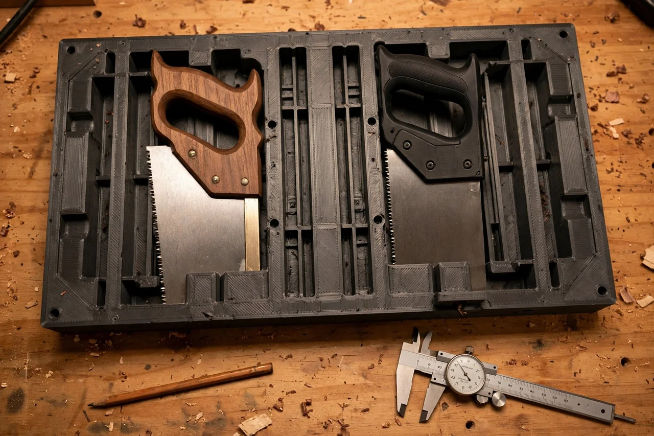 Close-up top-down view of a matte charcoal-gray 3D printed hand saw wall cradle being test-fitted with hand saws on a workbench, calipers and a pencil nearby, warm workshop lighting