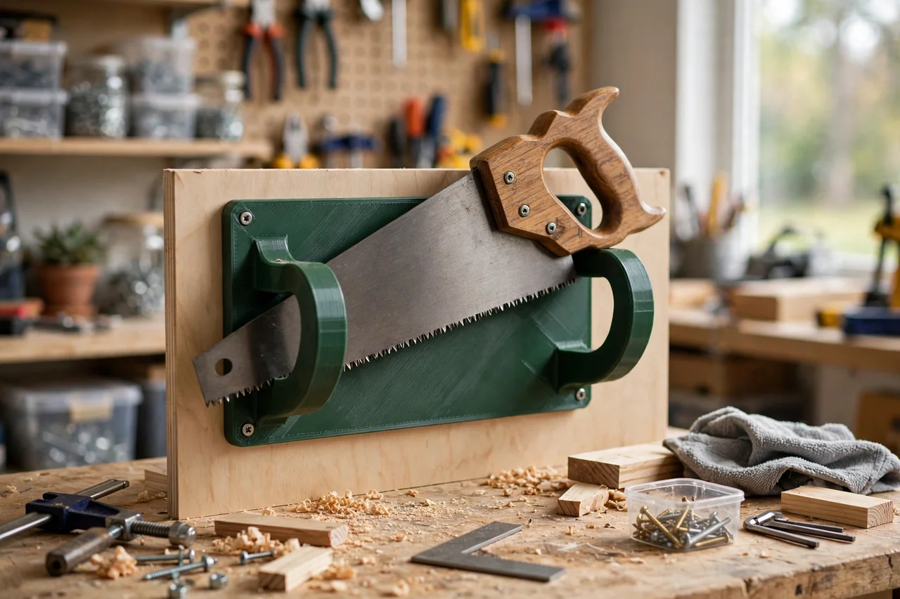 View of the finished 3D printed hand saw wall cradle in use during a home repair tidy-up on a workbench, tidy workshop background in soft focus, bright natural light
