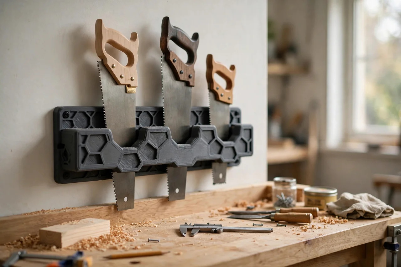 Home workshop scene on a light oak workbench, a matte charcoal-gray 3D printed hand saw wall cradle holding hand saws, soft natural window light, shallow depth of field