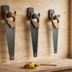 A bright home workshop wall with three hand saws hanging by their wooden handles from matte charcoal-gray 3D printed wall hooks mounted on a plywood