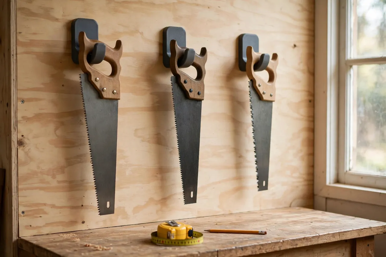 A bright home workshop wall with three hand saws hanging by their wooden handles from matte charcoal-gray 3D printed wall hooks mounted on a plywood