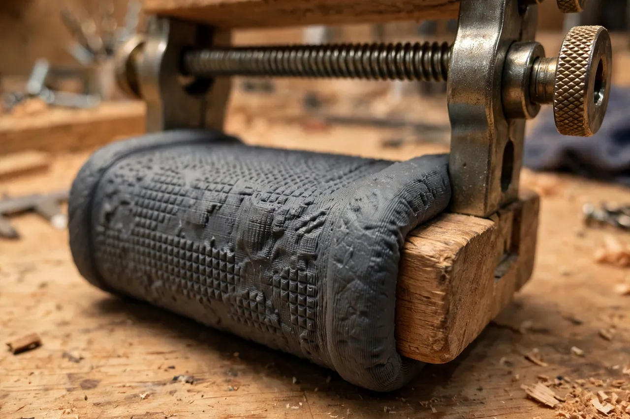 Close-up of a soft matte charcoal-gray 3D printed pad slipped over the wooden jaw of a hand screw clamp