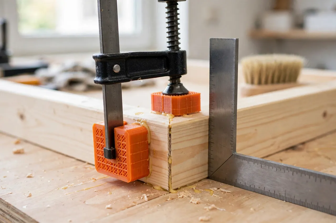 A hand screw clamp with printed pads holding two glued frame pieces square on a bench, a square checking the joint, bright clean workshop