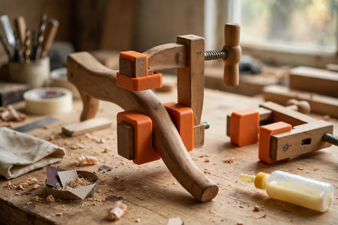 A home workshop scene on a wooden workbench