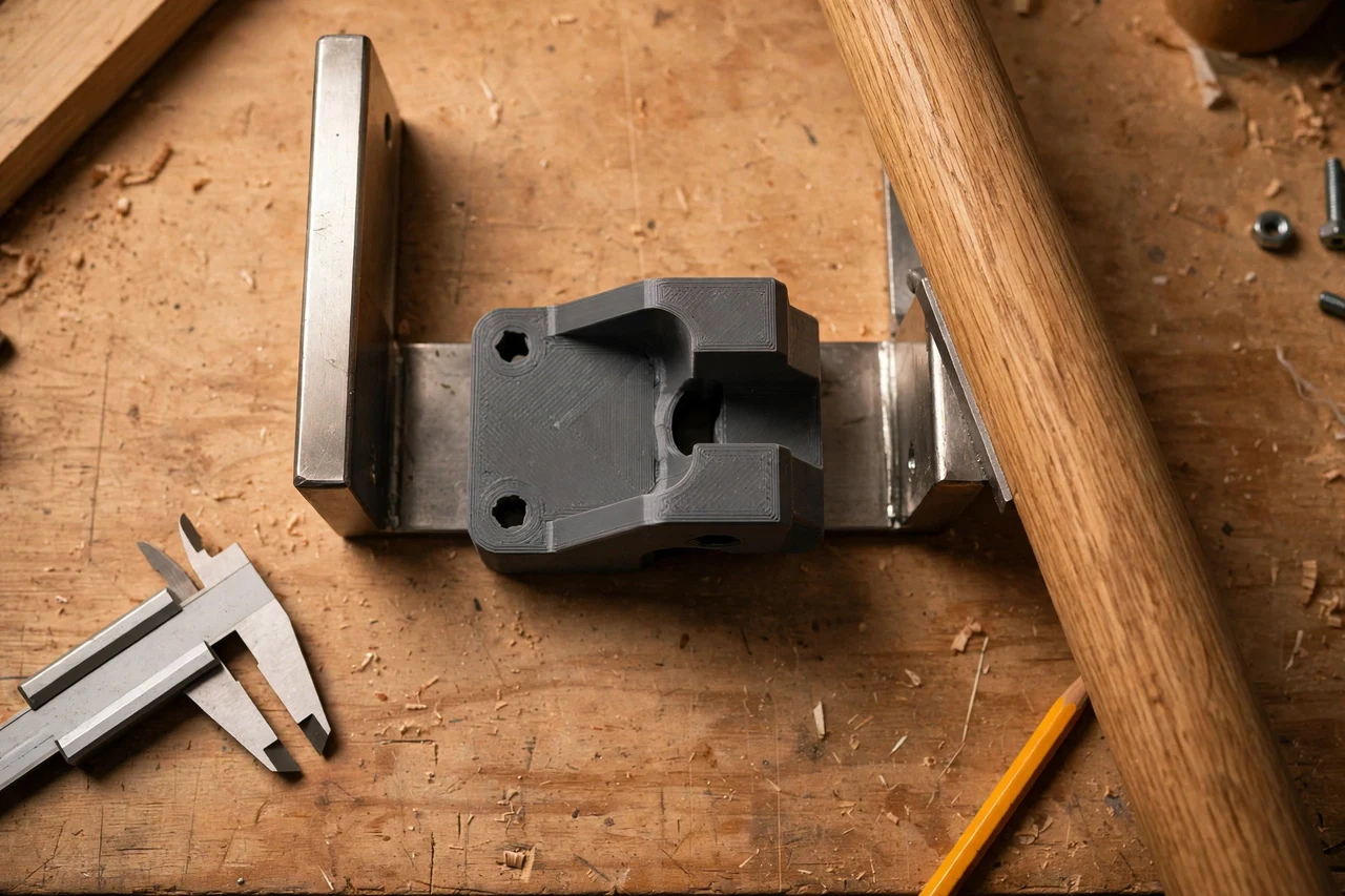 Close-up top-down view of a matte charcoal-gray 3D printed handrail bracket template being test-fitted against handrail brackets and a handrail section on a workbench, calipers and a pencil nearby, warm workshop lighting