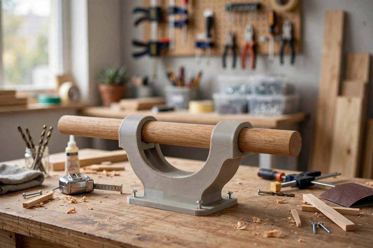 View of the finished 3D printed handrail bracket template in use on a home improvement project on a workbench, tidy workshop background in soft focus, bright natural light