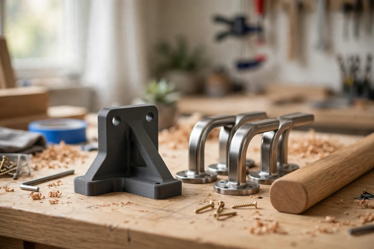 Home workshop scene on a light oak workbench, a matte charcoal-gray 3D printed handrail bracket template beside handrail brackets and a rail section, soft natural window light, shallow depth of field