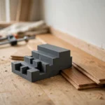 Home workshop scene on a light oak workbench, a matte charcoal-gray 3D printed hardwood floor expansion gap gauge beside hardwood floor boards and a wall edge, soft natural window light, shallow depth of field
