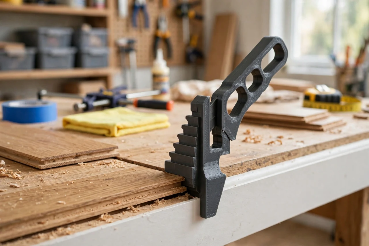 View of the finished 3D printed hardwood floor expansion gap gauge in use on a home repair project on a workbench, tidy workshop background in soft focus, bright natural light
