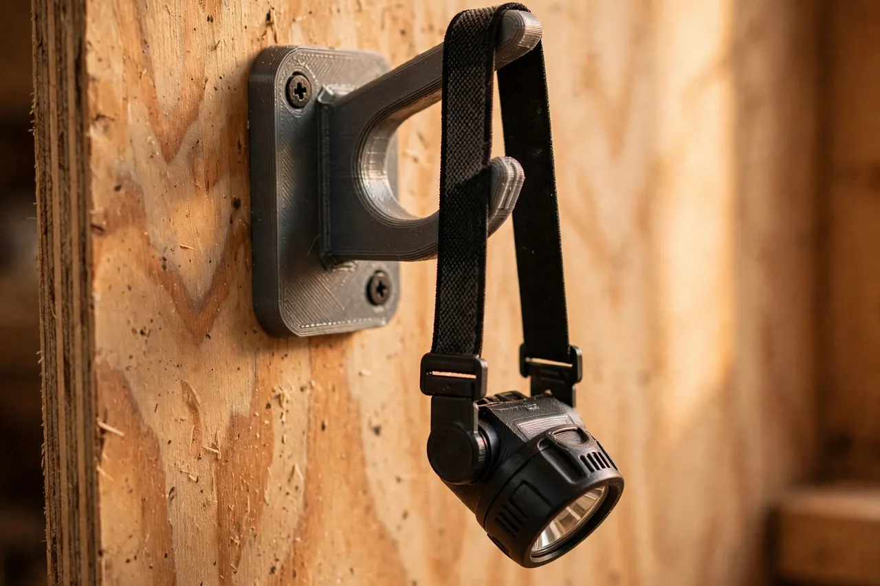 Close-up of a 3D printed wall hook holding a headlamp by its elastic strap, the lamp body resting clear of the wall