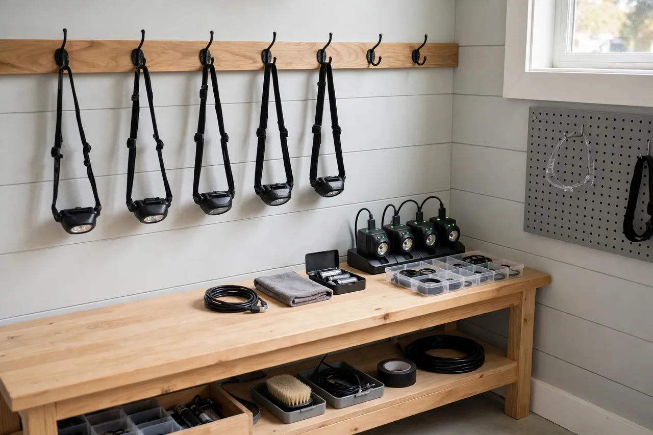 A tidy workshop corner with a row of headlamp hooks beside a small charging area, headlamps hanging neatly above a bench, bright and clean