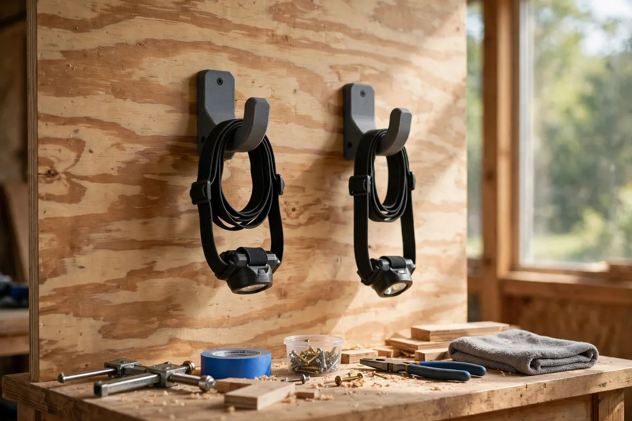 A bright home workshop wall with two headlamps hanging from matte charcoal-gray 3D printed wall hooks on a plywood panel