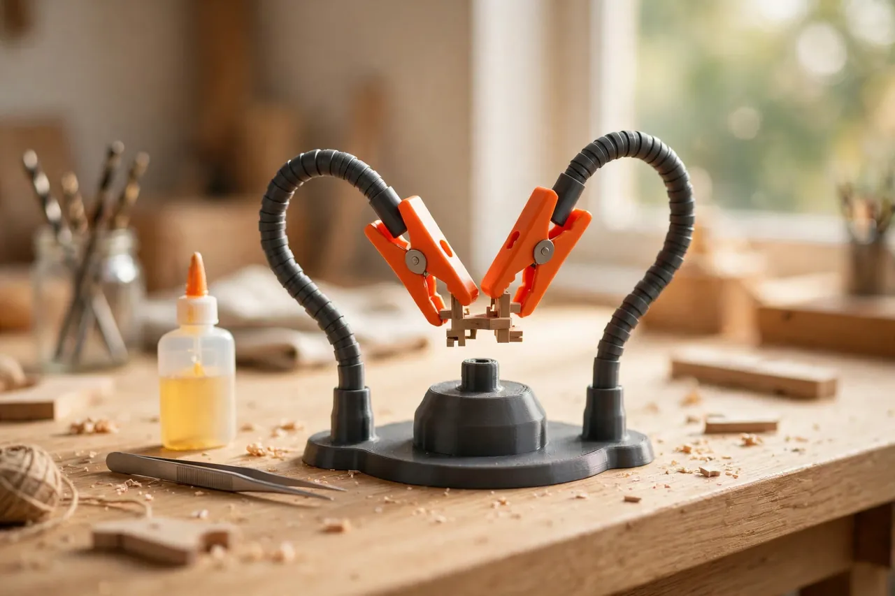 A bright home workshop scene on a light oak workbench