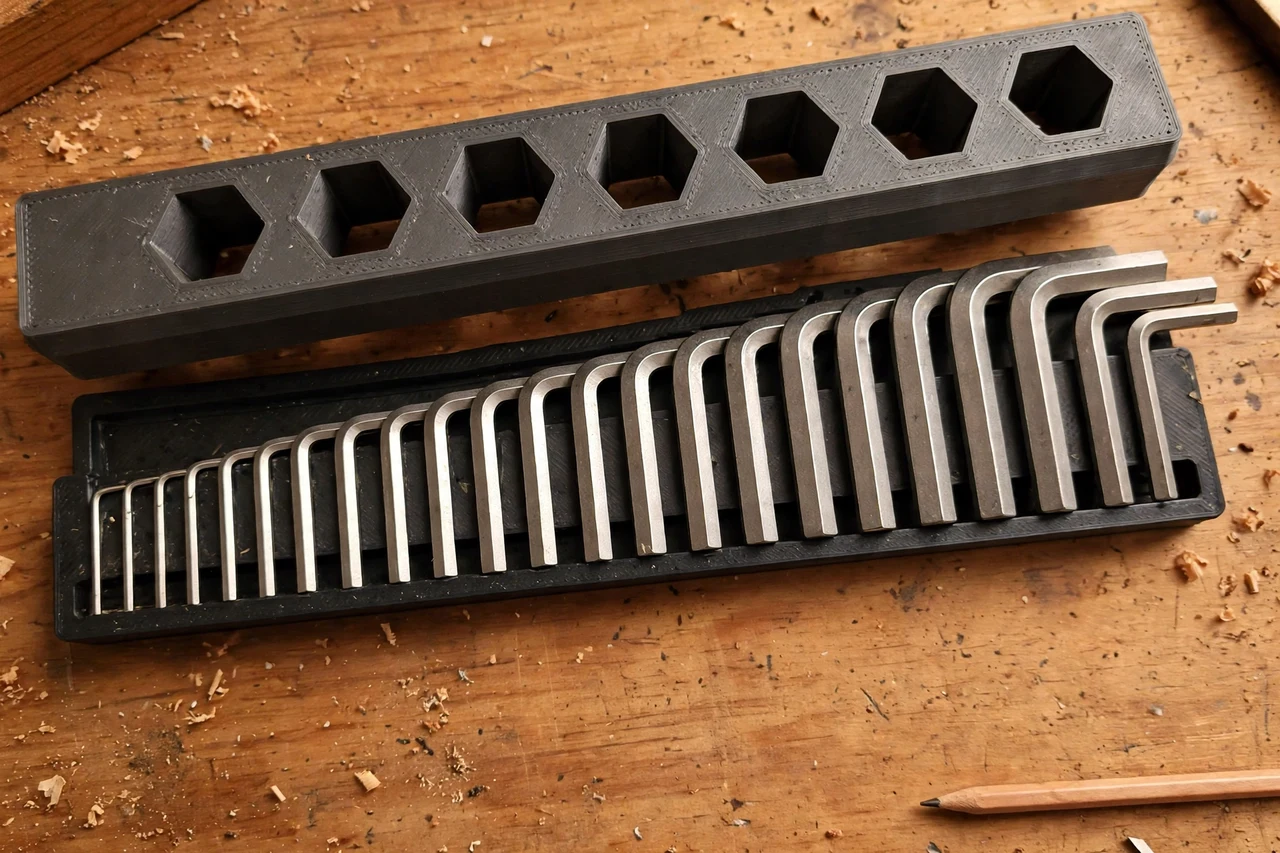 Close-up top-down view of a matte charcoal-gray 3D printed hex key set holder rail being test-fitted against a set of hex keys kept in size order on a rail on a workbench, calipers and a pencil nearby, warm workshop lighting