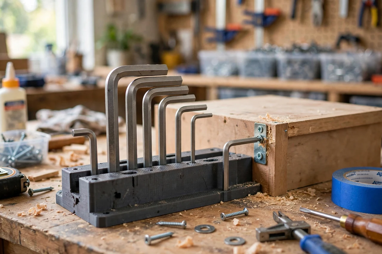 View of the finished 3D printed hex key set holder rail in use on a home repair project on a workbench, tidy workshop background in soft focus, bright natural light