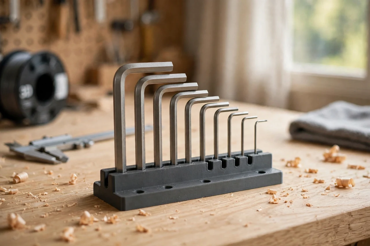 Home workshop scene on a light oak workbench, a matte charcoal-gray 3D printed hex key set holder rail holding a set of hex keys kept in size order on a rail, soft natural window light, shallow depth of field
