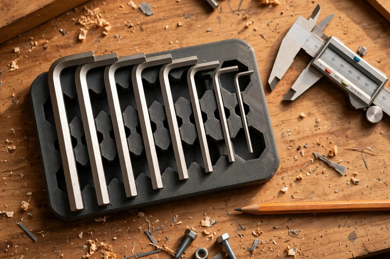 Close-up top-down view of a matte charcoal-gray 3D printed hex key set wall holder being test-fitted with hex keys on a workbench, calipers and a pencil nearby, warm workshop lighting