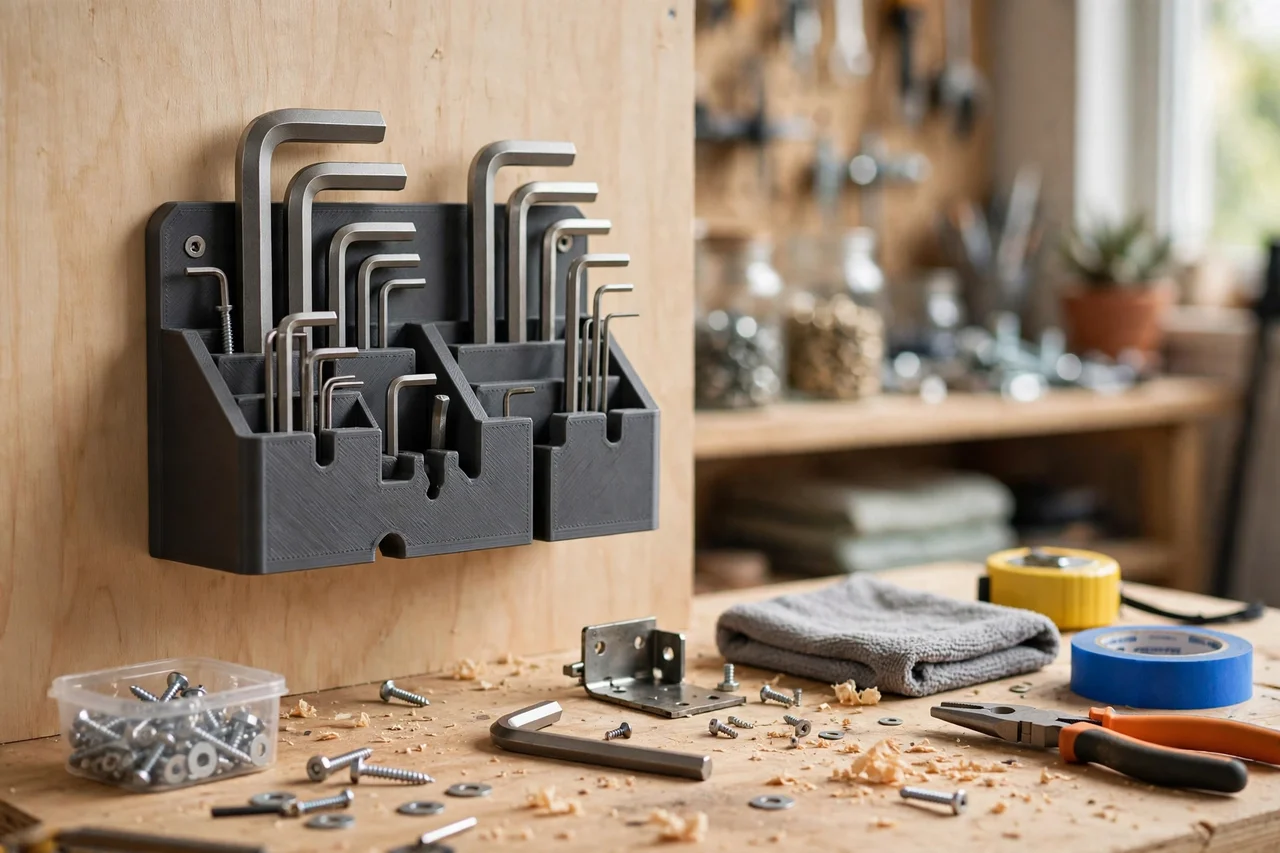 View of the finished 3D printed hex key set wall holder in use during a home repair tidy-up on a workbench, tidy workshop background in soft focus, bright natural light
