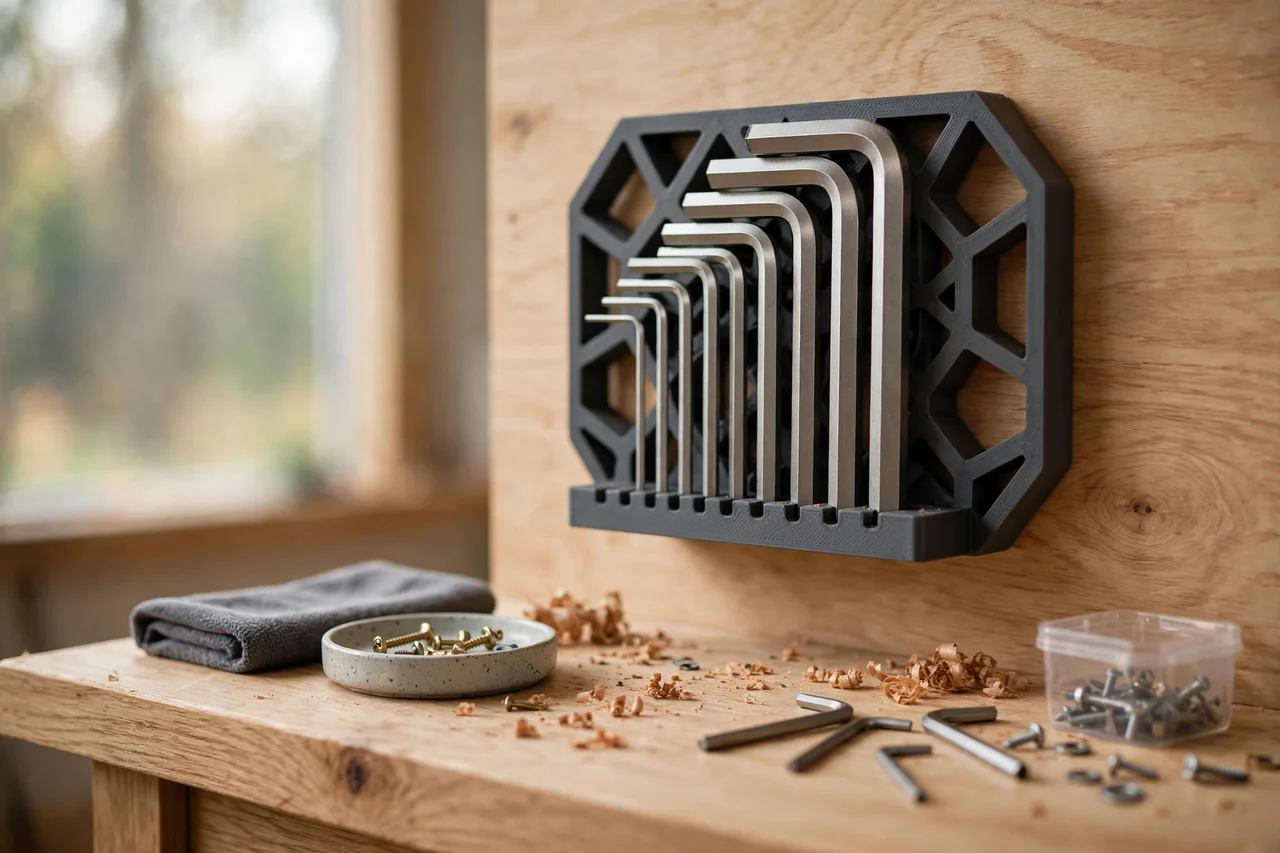 Home workshop scene on a light oak workbench, a matte charcoal-gray 3D printed hex key set wall holder holding hex keys, soft natural window light, shallow depth of field