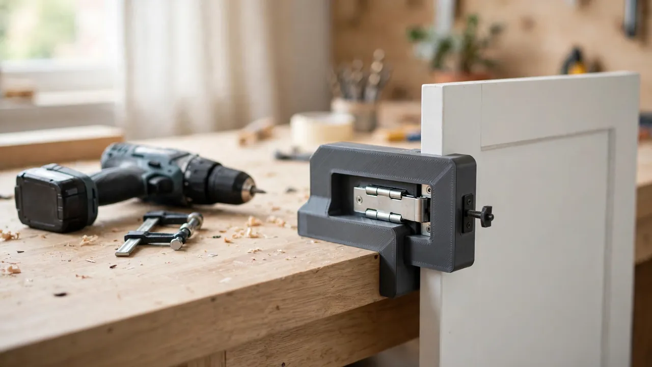 A bright home workshop scene on a light oak workbench