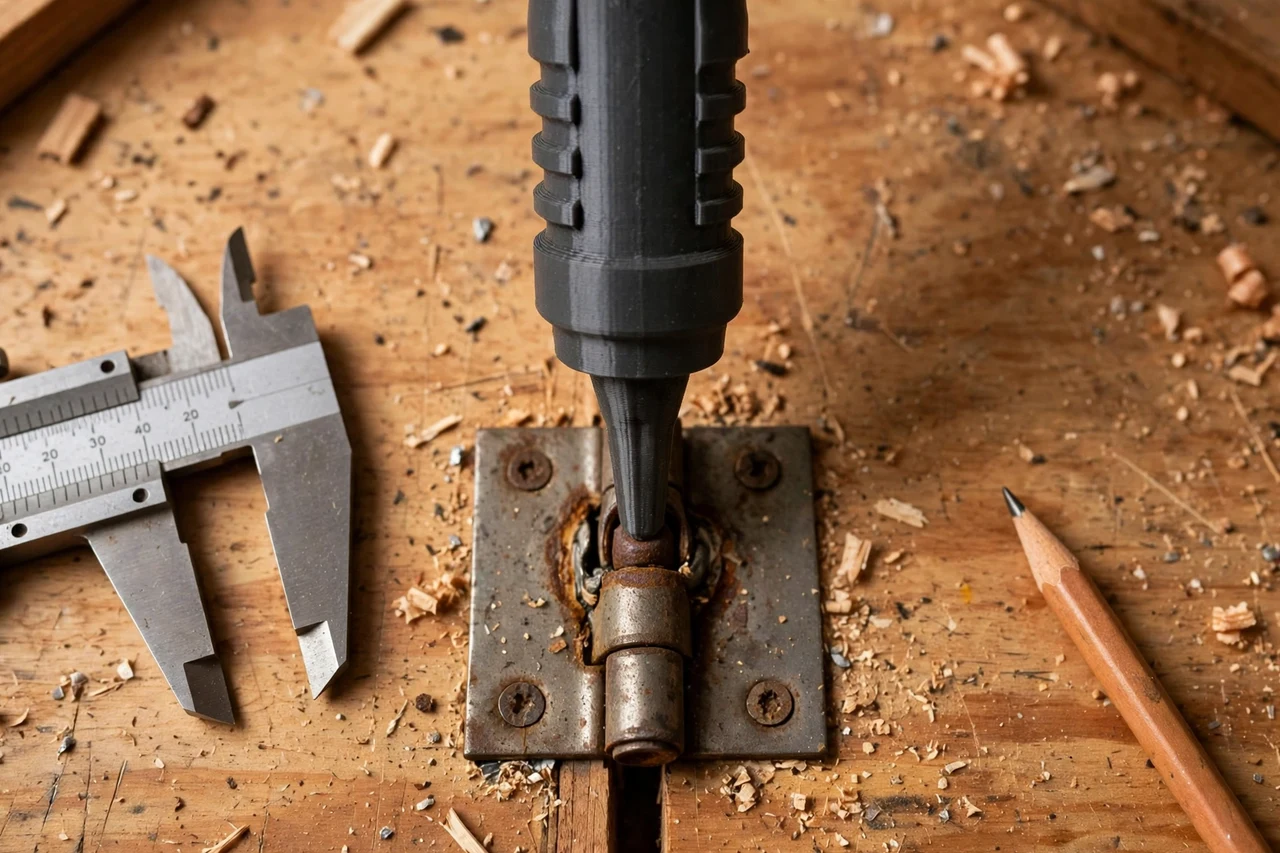 Close-up top-down view of a matte charcoal-gray 3D printed hinge pin removal punch tool being test-fitted against a door hinge pin that has seized in its knuckle on a workbench, calipers and a pencil nearby, warm workshop lighting