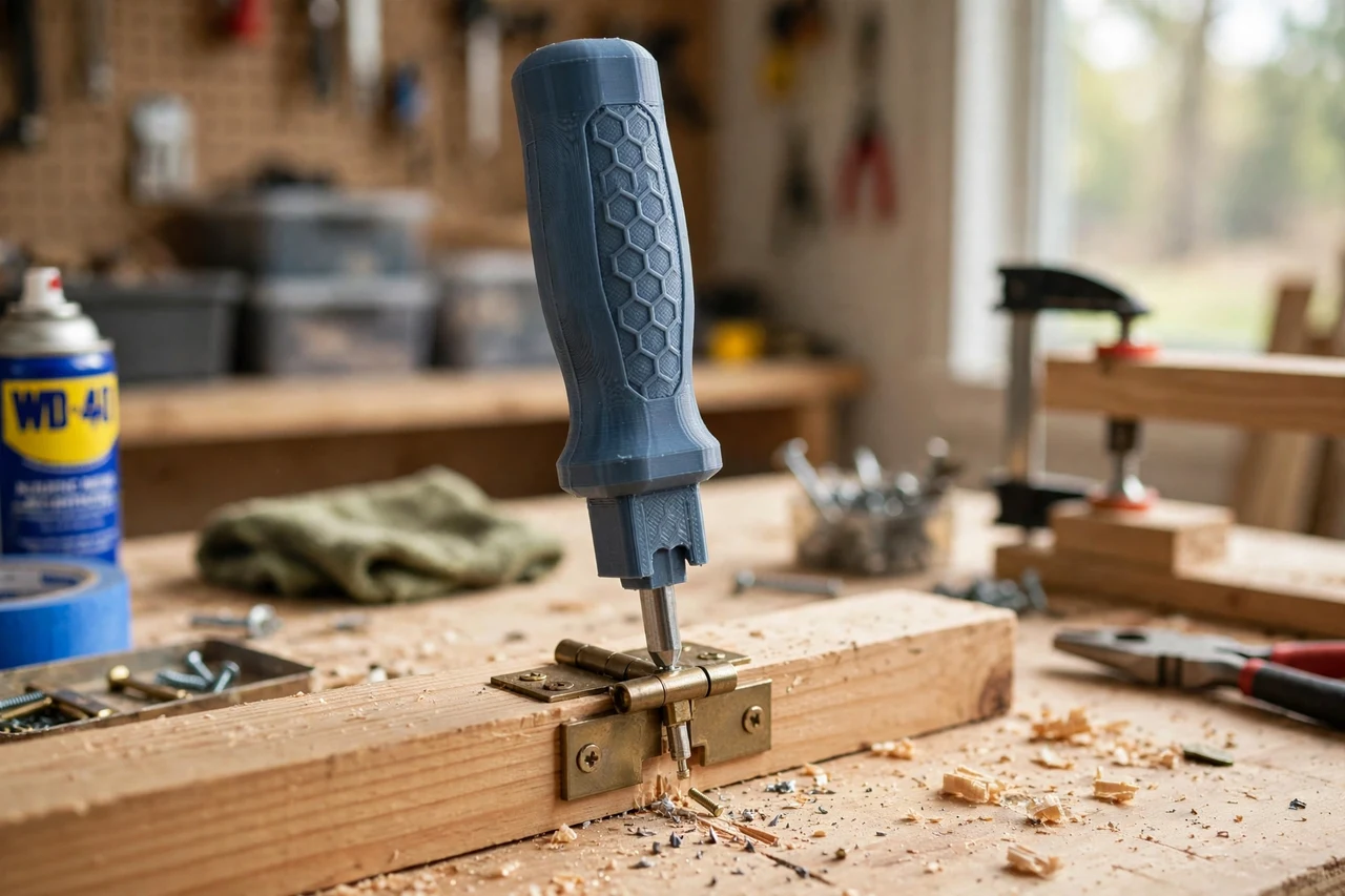 View of the finished 3D printed hinge pin removal punch tool in use on a home repair project on a workbench, tidy workshop background in soft focus, bright natural light