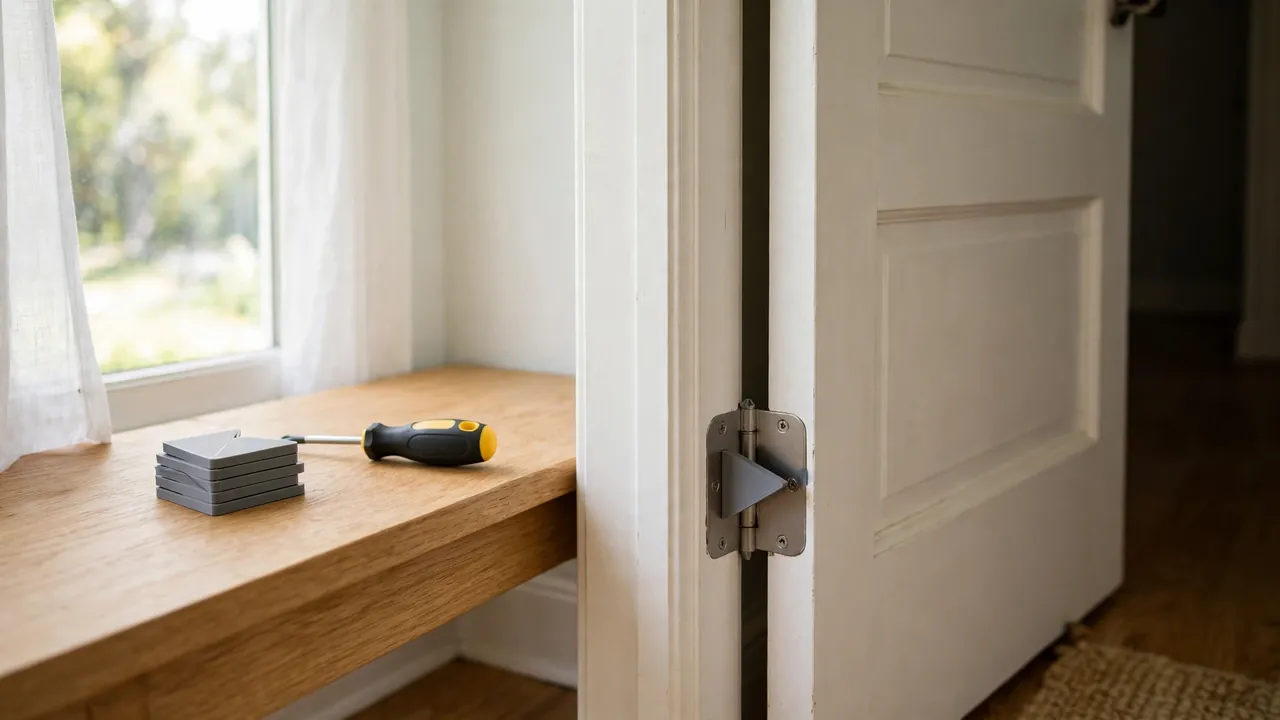 A bright home entryway scene, a white painted interior door hanging slightly open with a small stack of matte gray 3D printed hinge shims
