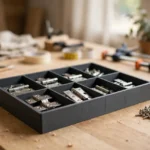 A bright home workshop scene on a light oak workbench
