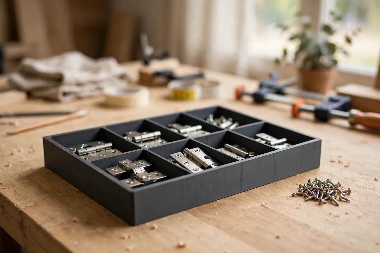 A bright home workshop scene on a light oak workbench