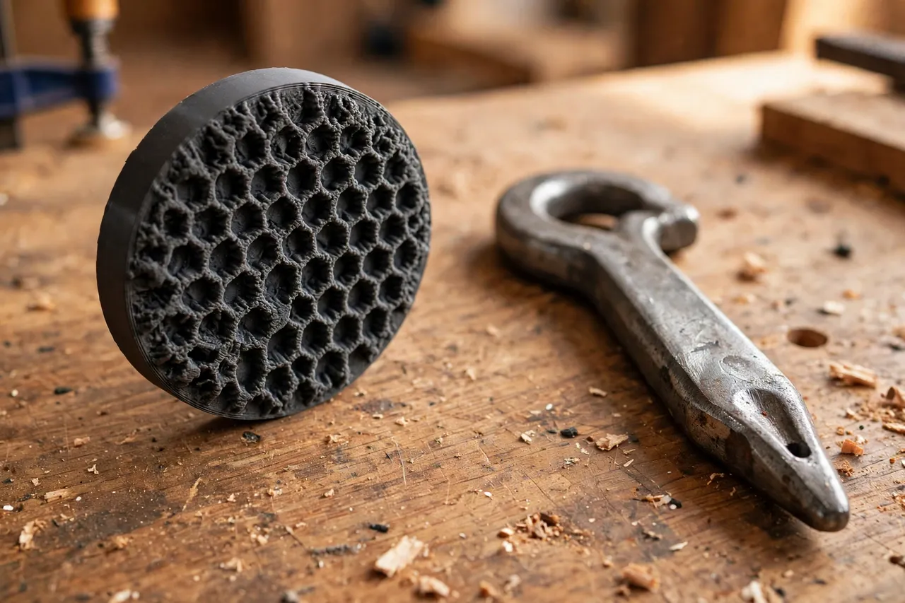 Close-up of a matte charcoal-gray 3D printed holdfast pad with a textured underside, sitting beside a steel holdfast on a workbench