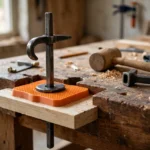 A home workshop scene on a thick wooden workbench