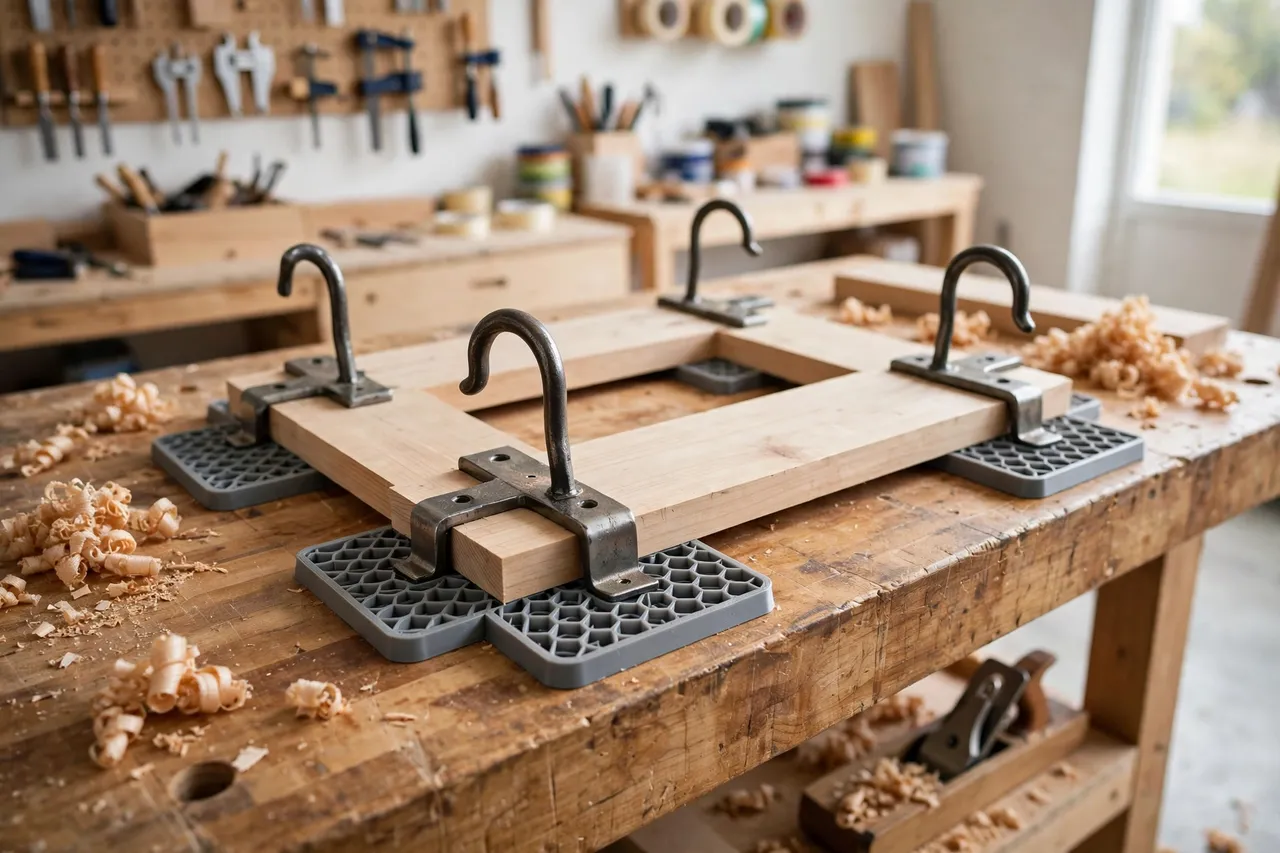 A workbench top with several holdfasts and printed pads holding boards flat for planing, shavings scattered nearby, bright clean workshop