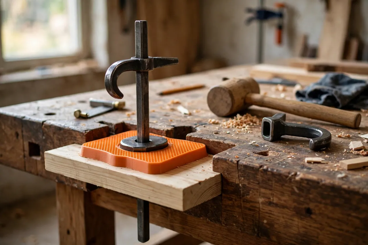 A home workshop scene on a thick wooden workbench