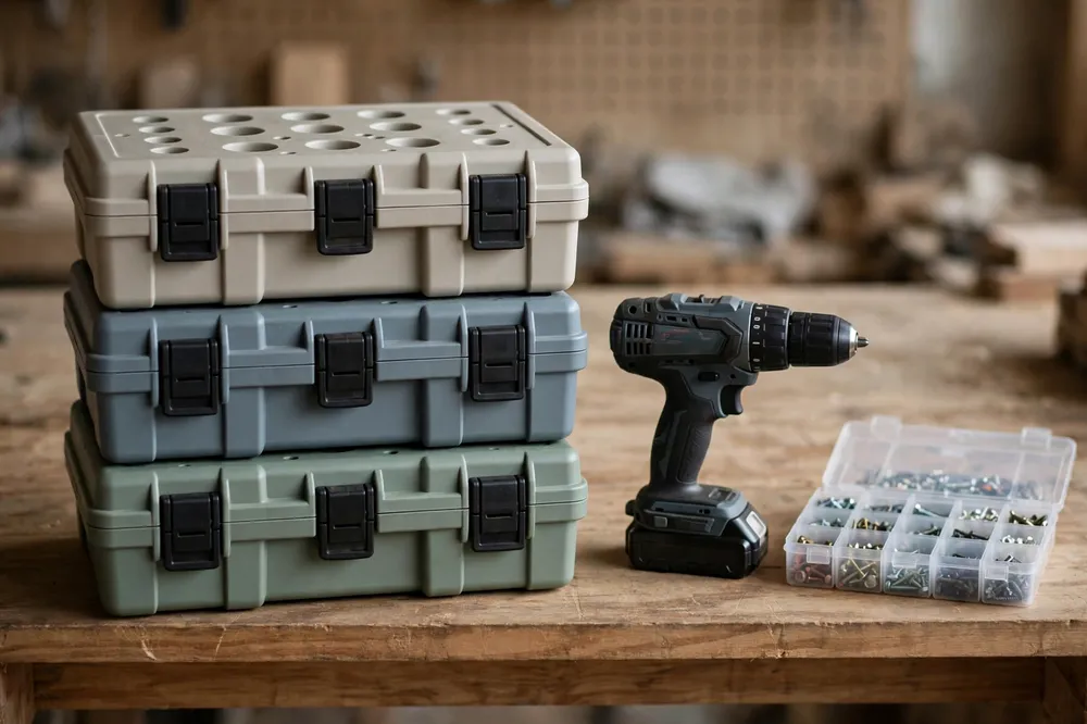 A stack of three printed hole saw cases on a workshop shelf, each tier a slightly different muted color, latches closed