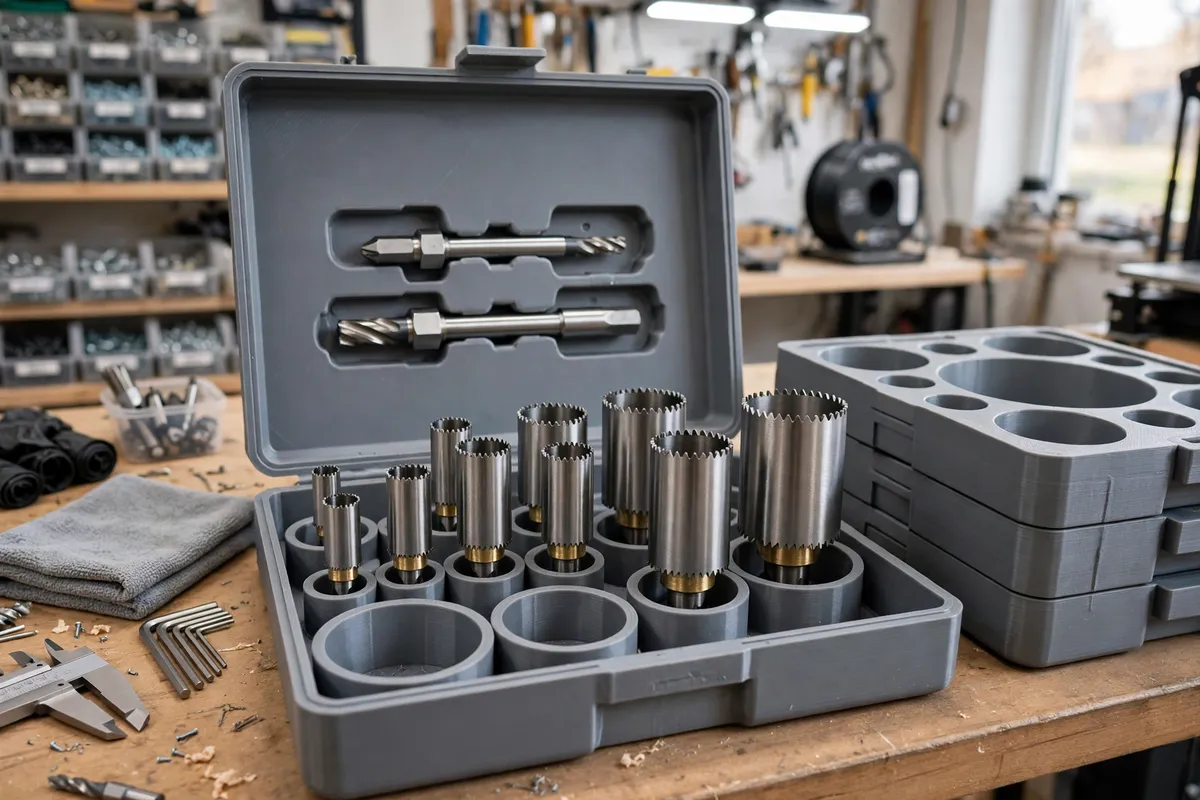 A tidy workbench with an open matte grey 3D printed hole saw case