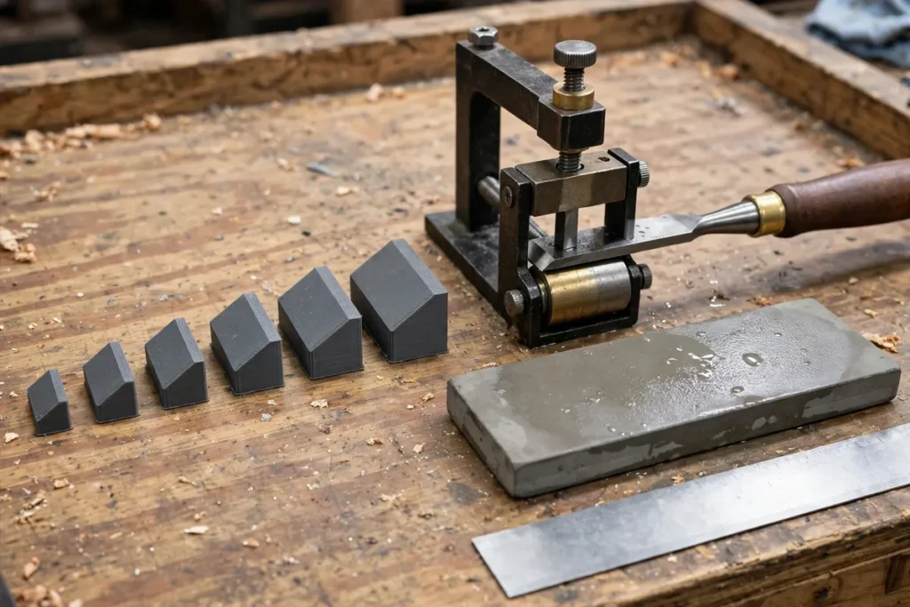 3D printed honing guide angle blocks on a sharpening bench