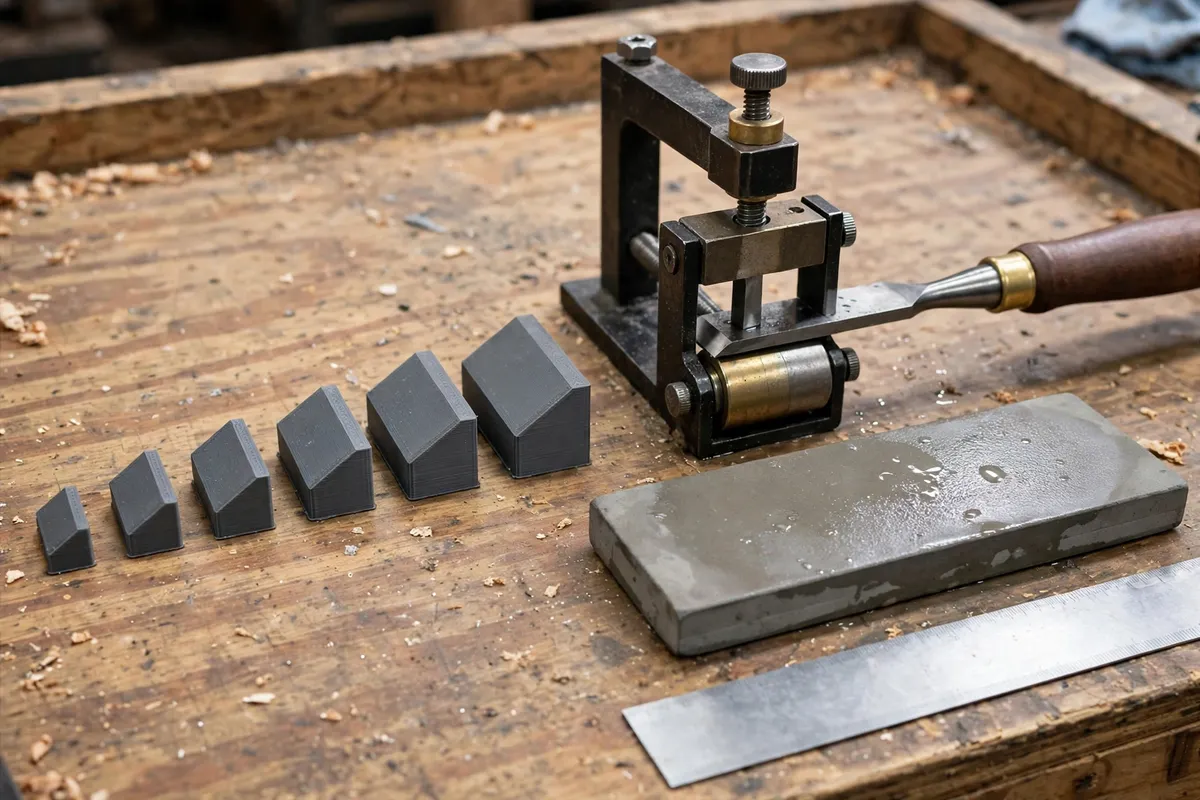 A row of small wedge-shaped 3D printed honing guide angle blocks in graduated sizes on a sharpening bench beside a chisel clamped in a roller honing