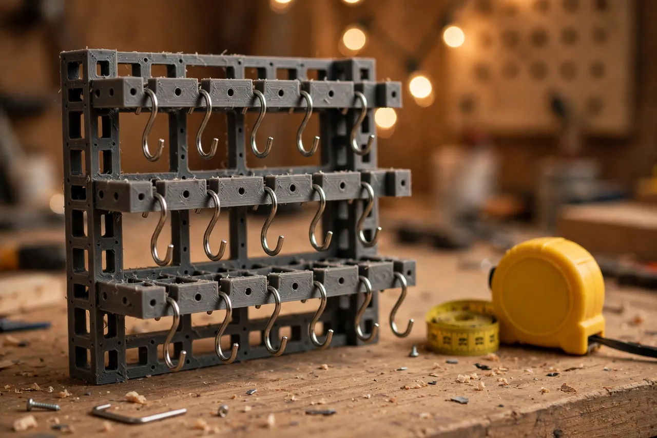Close-up view of a 3D printed hook organizer with hooks hanging neatly from labeled slots in rows