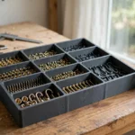 A bright home workshop workbench with a matte charcoal-gray 3D printed organizer holding rows of cup hooks, screw eyes