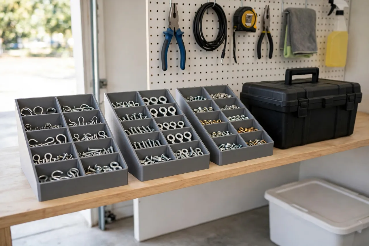 A tidy workshop shelf where matching 3D printed organizers hold hooks, eyes, and small fasteners in labeled rows beside a toolbox