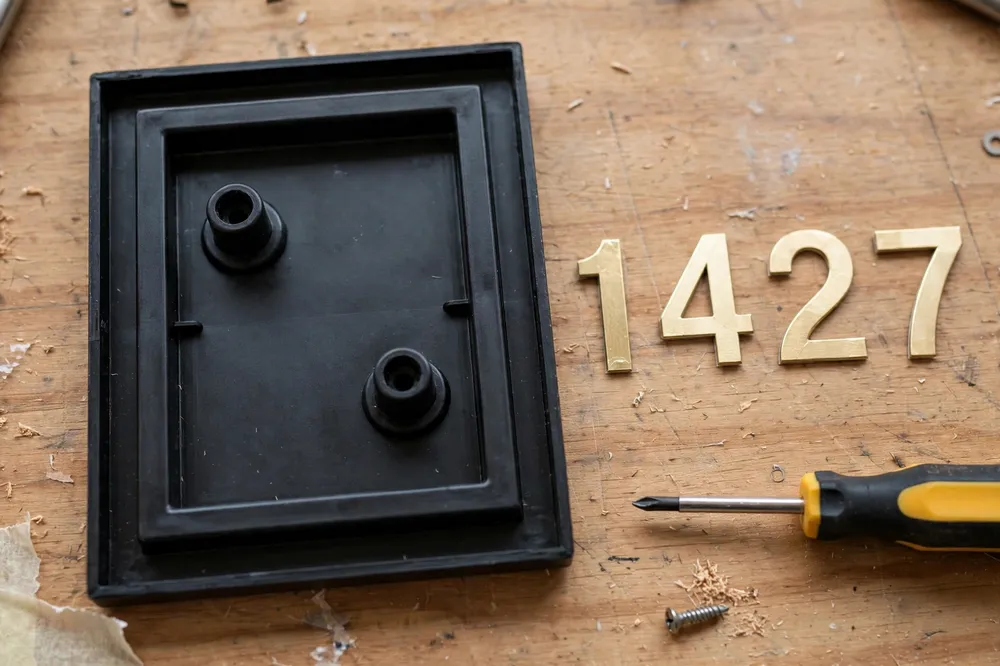 Close-up of a printed address plaque on a workbench before mounting, showing the backplate with its frame lip