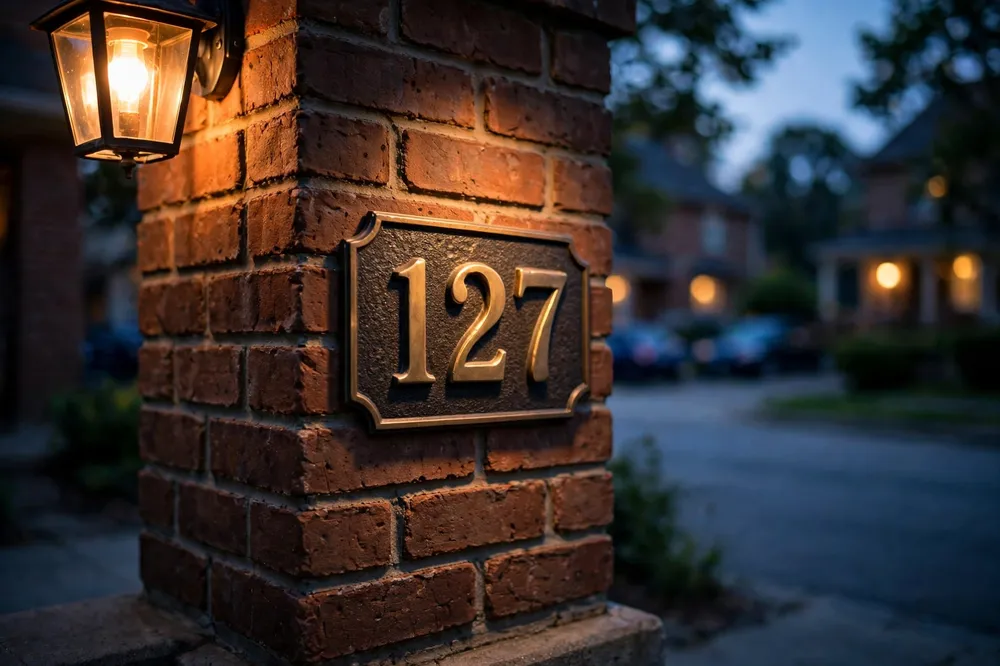 Street-level view at dusk of a printed house number plaque mounted on a brick pillar