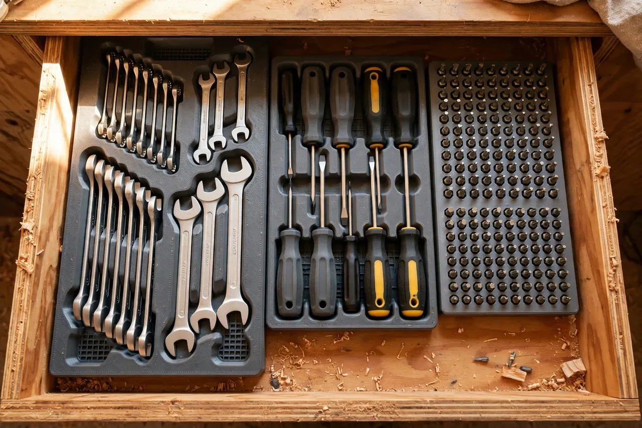 A bright home workshop scene looking down into an open wooden tool drawer fitted with matte charcoal-gray 3D printed in-drawer tool trays