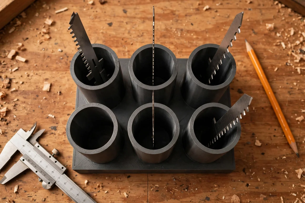 Close-up top-down view of a matte charcoal-gray 3D printed jigsaw blade storage tube rack being test-fitted with jigsaw blades in tubes on a workbench, calipers and a pencil nearby, warm workshop lighting