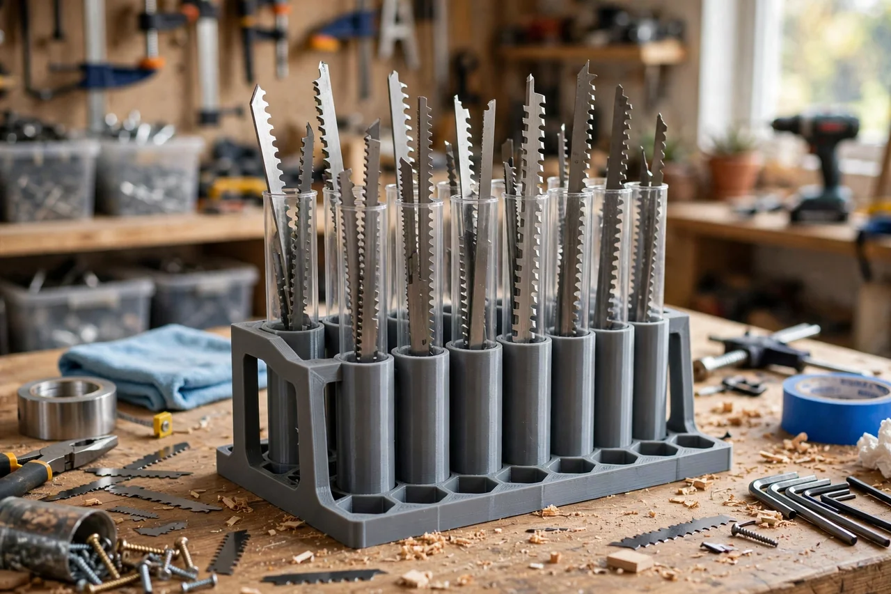 View of the finished 3D printed jigsaw blade storage tube rack in use during a home repair tidy-up on a workbench, tidy workshop background in soft focus, bright natural light
