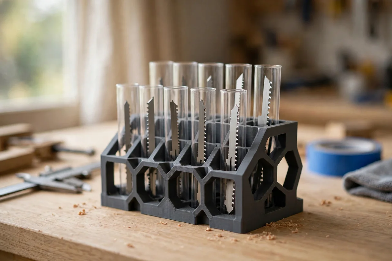 Home workshop scene on a light oak workbench, a matte charcoal-gray 3D printed jigsaw blade storage tube rack holding jigsaw blades in tubes, soft natural window light, shallow depth of field