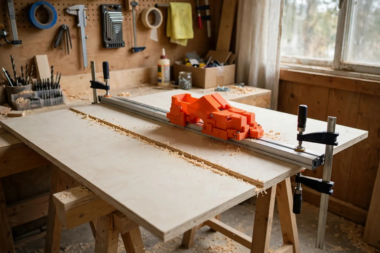 A bright home workshop scene with a matte orange 3D printed jigsaw guide shoe riding a straight rail clamped across a sheet of pale plywood