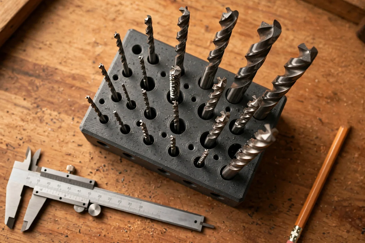 Close-up top-down view of a matte charcoal-gray 3D printed jobber drill bit index stand being test-fitted with jobber drill bits on a workbench, calipers and a pencil nearby, warm workshop lighting