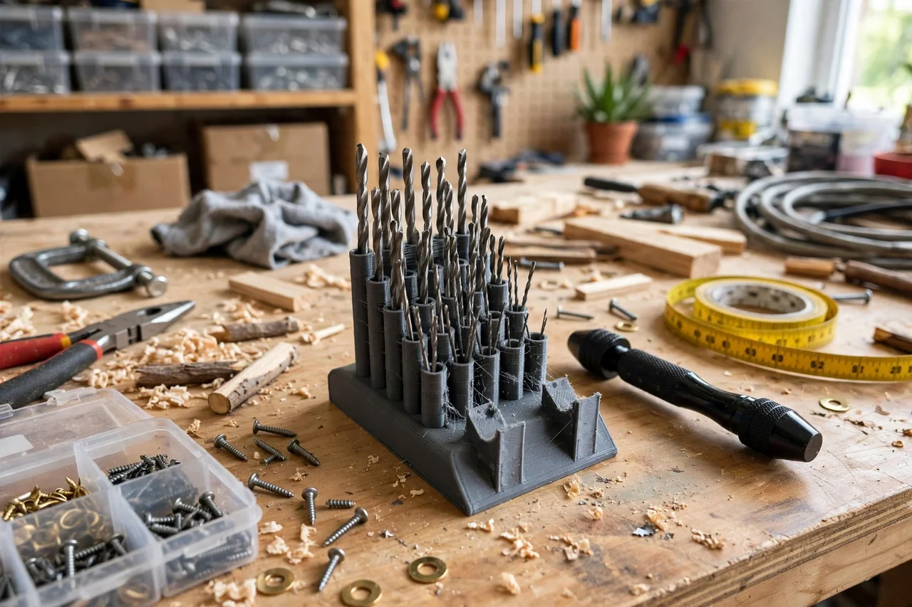 View of the finished 3D printed jobber drill bit index stand in use during a home repair tidy-up on a workbench, tidy workshop background in soft focus, bright natural light